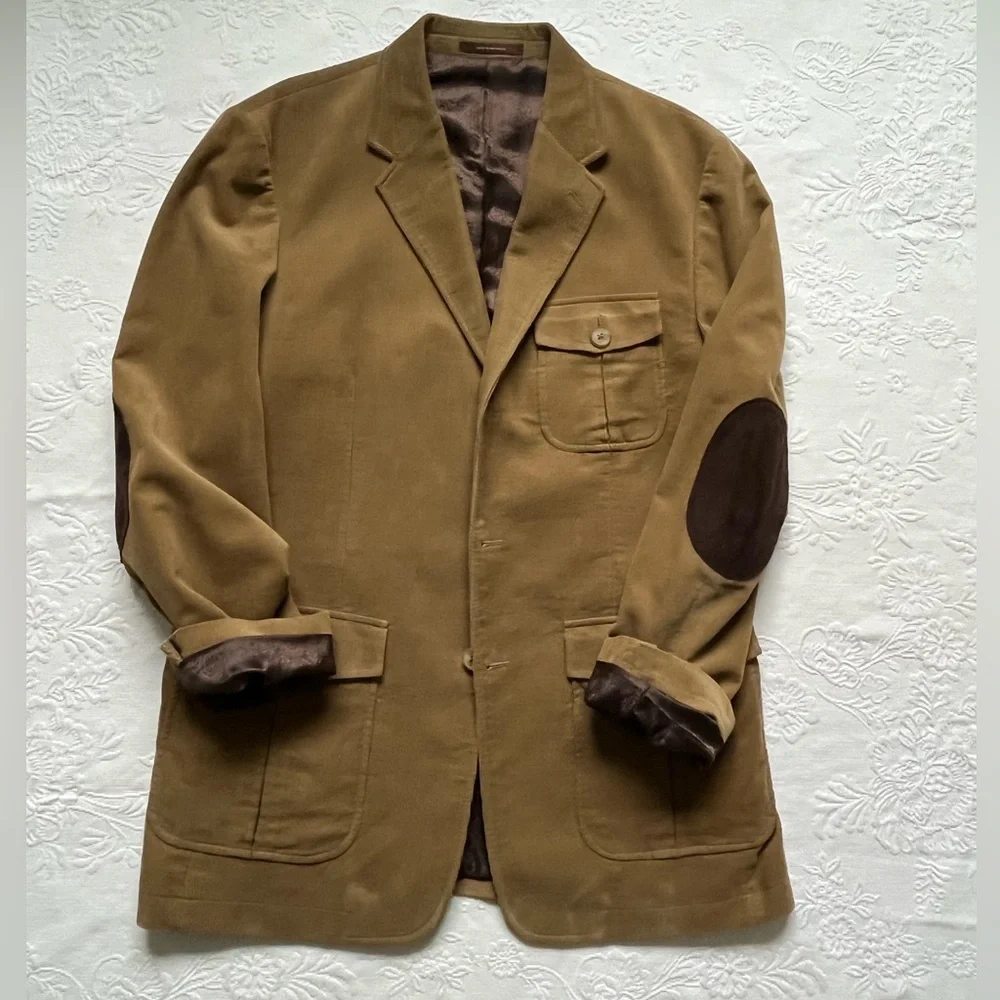 Tasso Elba Corduroy Safari Hunting Style Medium Jacket Cotton Khaki Elbow Patch
